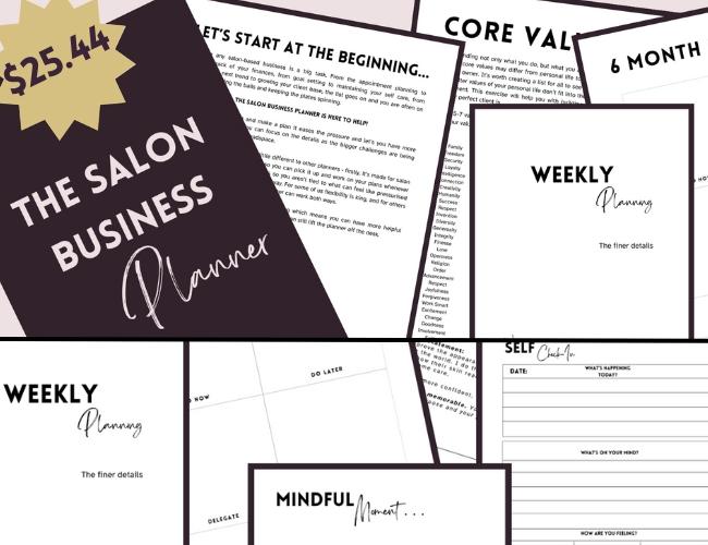 The Salon Business Planner cover with images of the internal pages featuring planning, mindset, finances